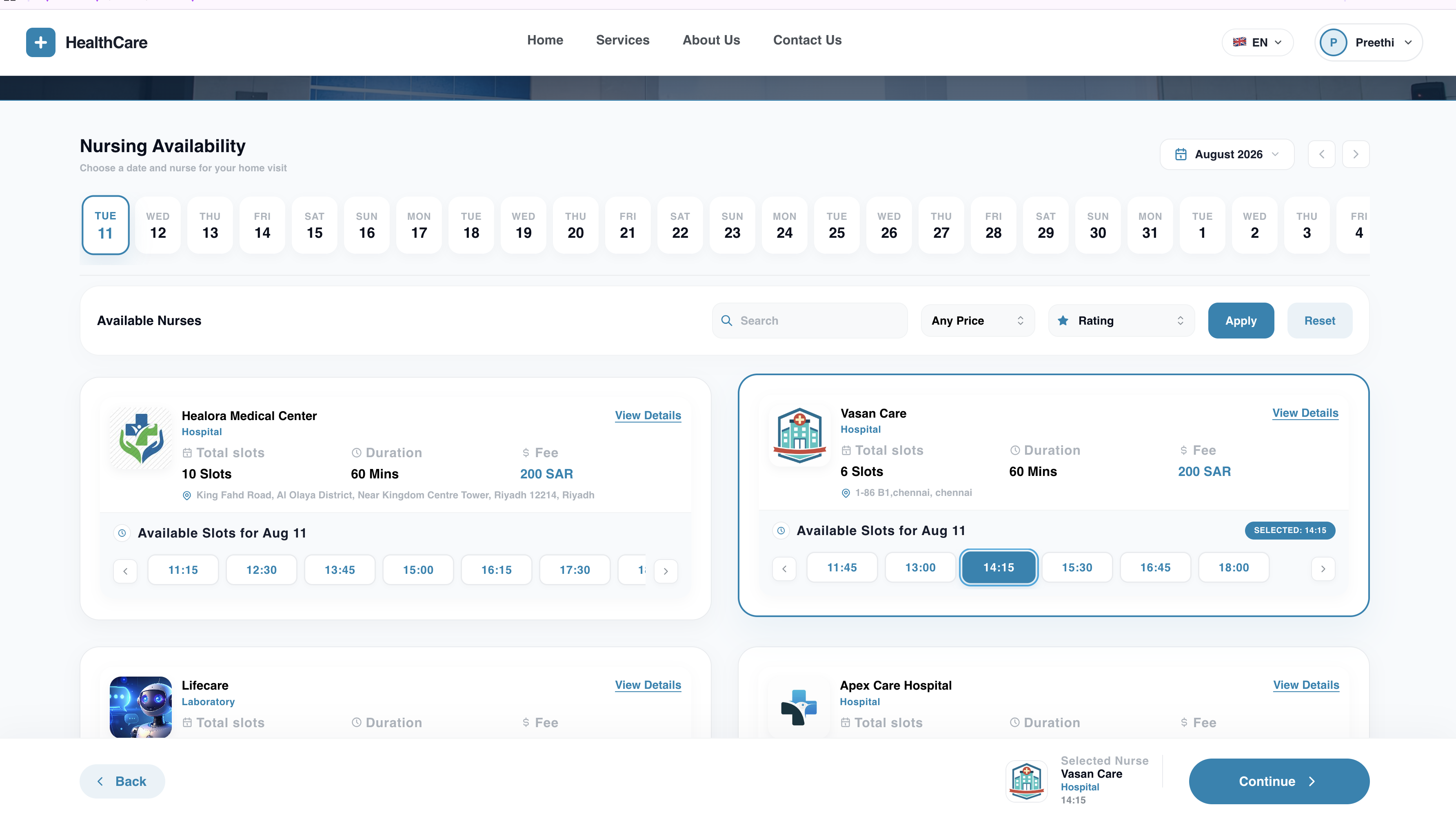 The patient web portal's nursing availability screen: a date strip, filters, and provider cards showing bookable time slots