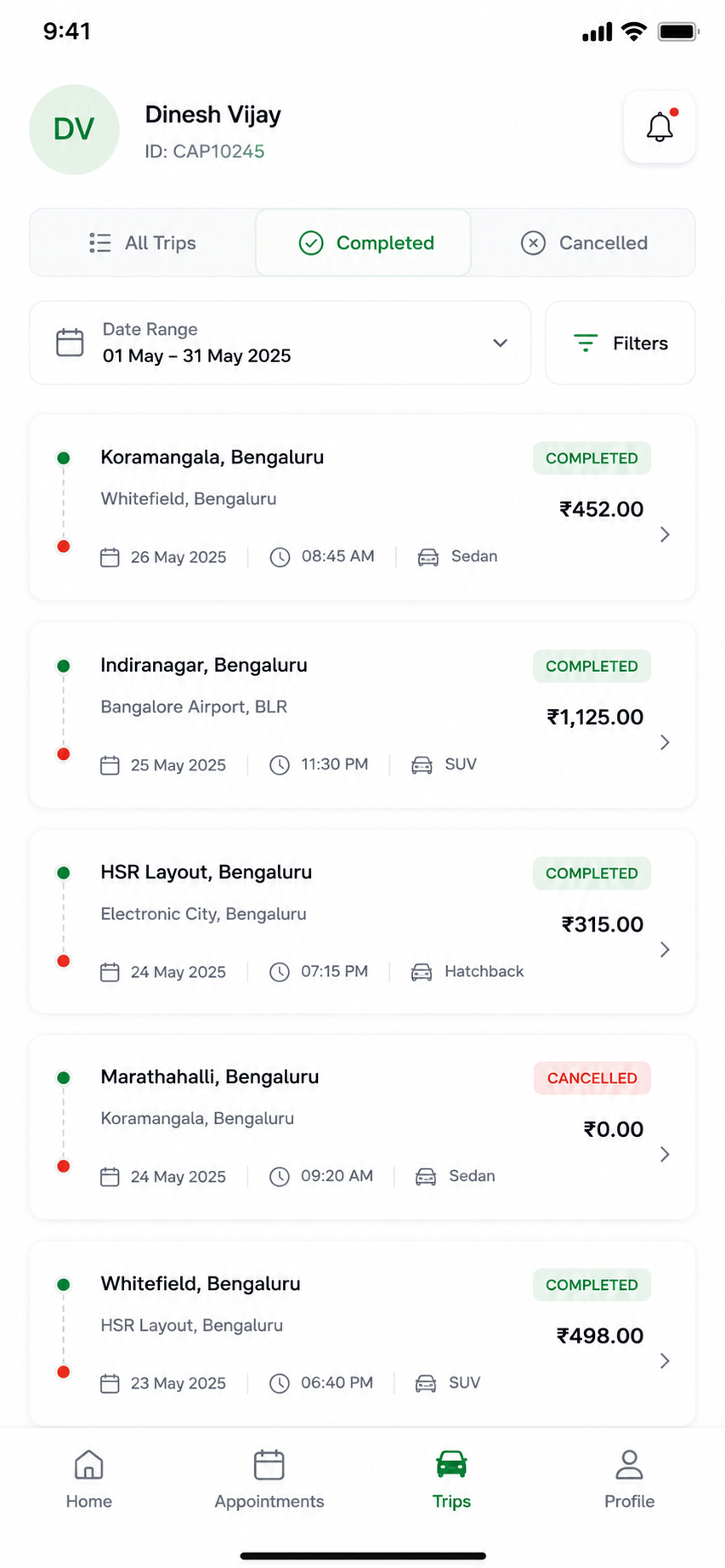 The crew app trip list on a phone