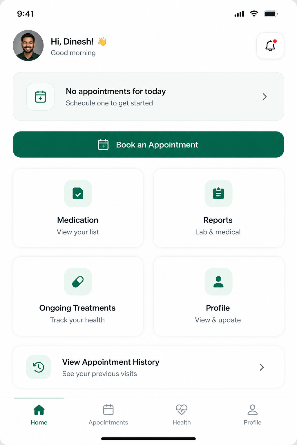 The patient app home screen on a phone