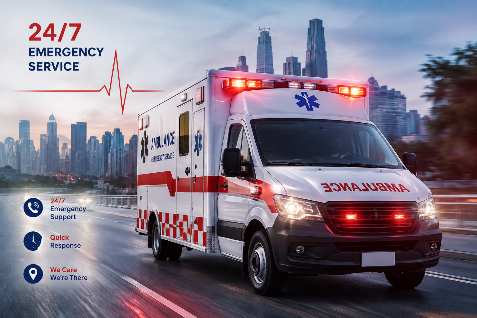 An ambulance responding through a city street