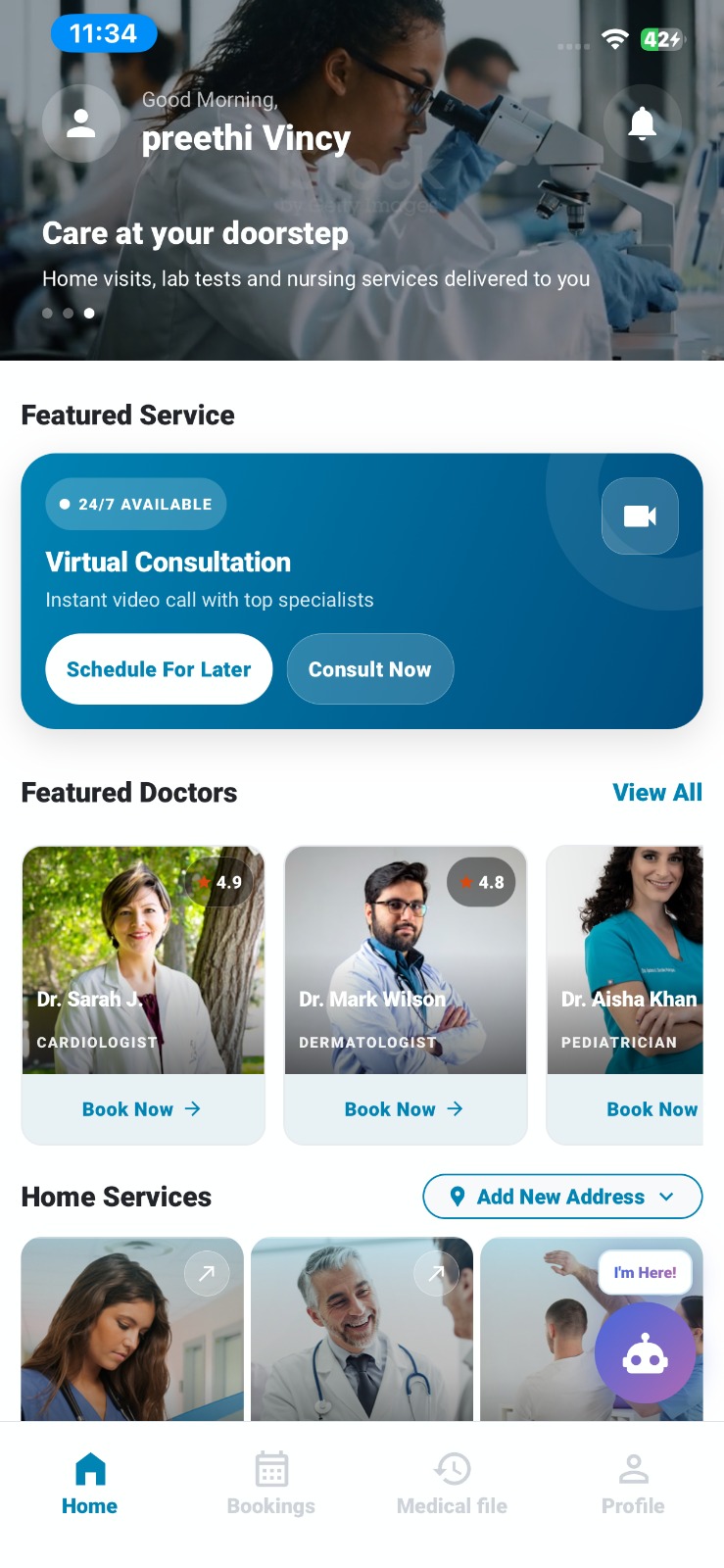 The patient mobile app's home screen: a home-visit banner, a virtual consultation card, featured doctors and home services, above the app's tab bar