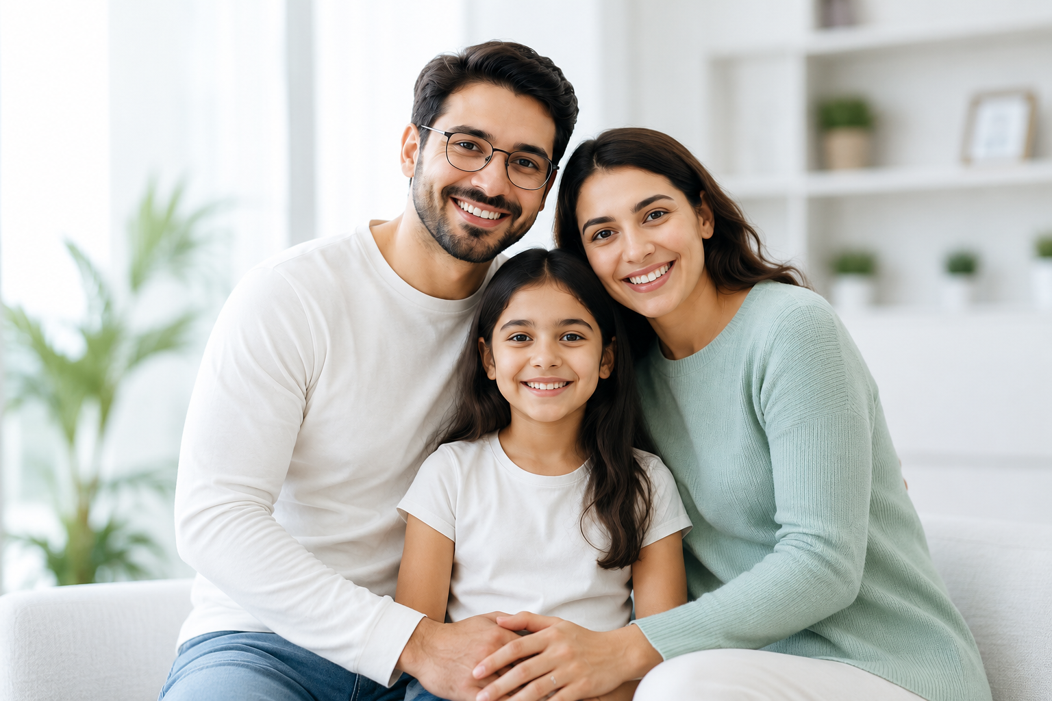 A family of three sitting together at home